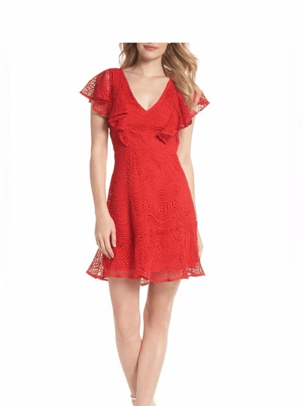 Chelsea28 Red Crochet V-Neck Fit & Flare Mini Dress